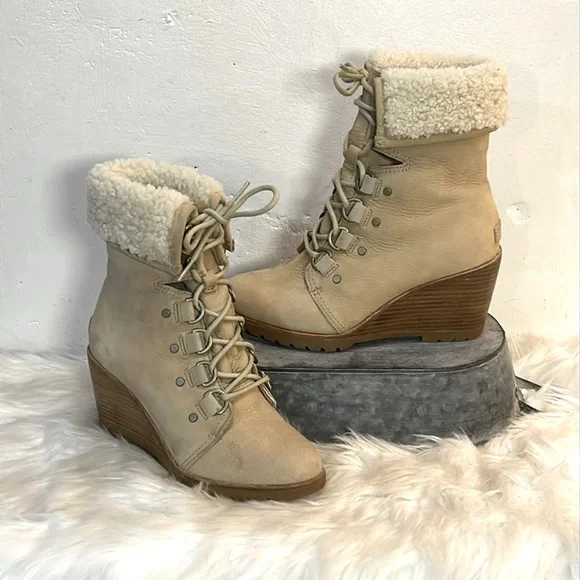 #0169- Sorel After Hours Lace Up Shearling Wedge Boots-Lined Cuff-7.5 - Picture 1 of 11